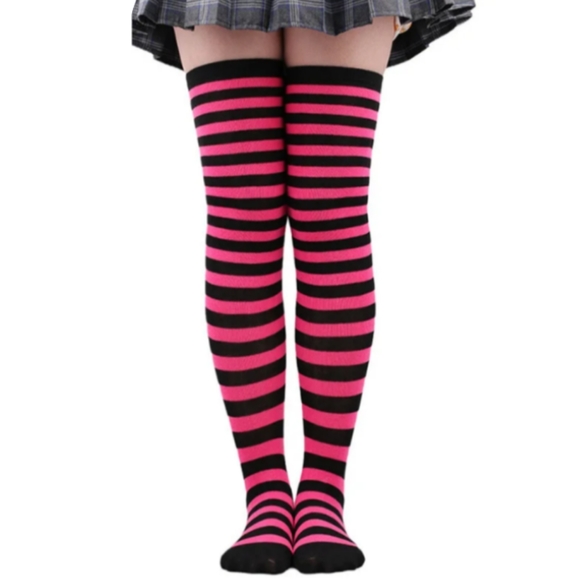 Pink White Striped Over The Knee Socks OTK Thigh High Tights Barbiecore New - Picture 8 of 12